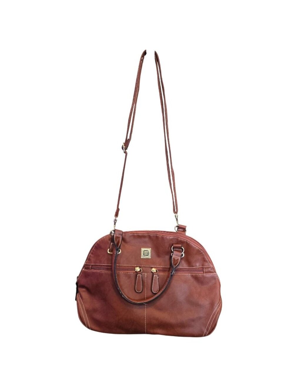 Stone Mountain Cognac Brown Crunch Leather Dome Satchel Crossbody Bag